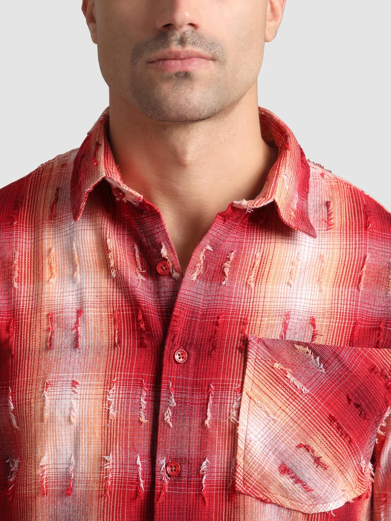 Beyoung Red Frayed Check Shirt
