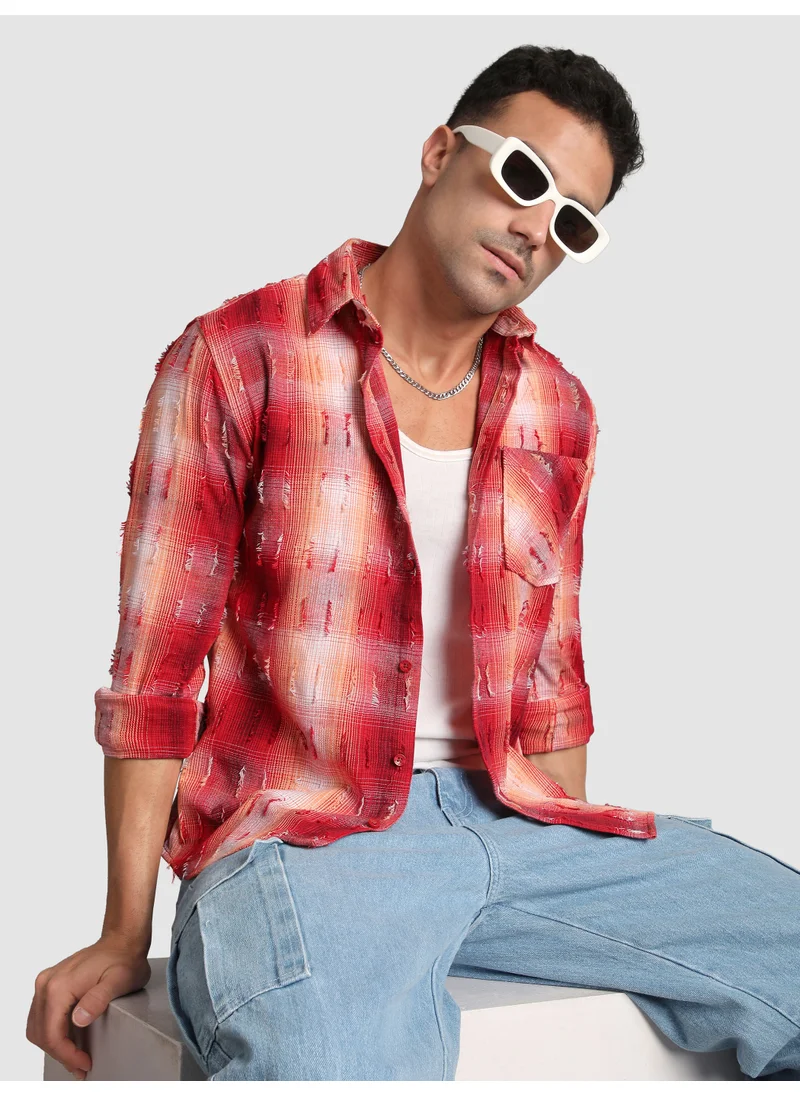 Beyoung Red Frayed Check Shirt