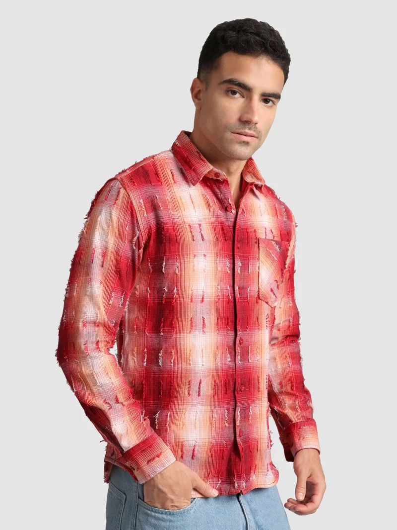 Beyoung Red Frayed Check Shirt