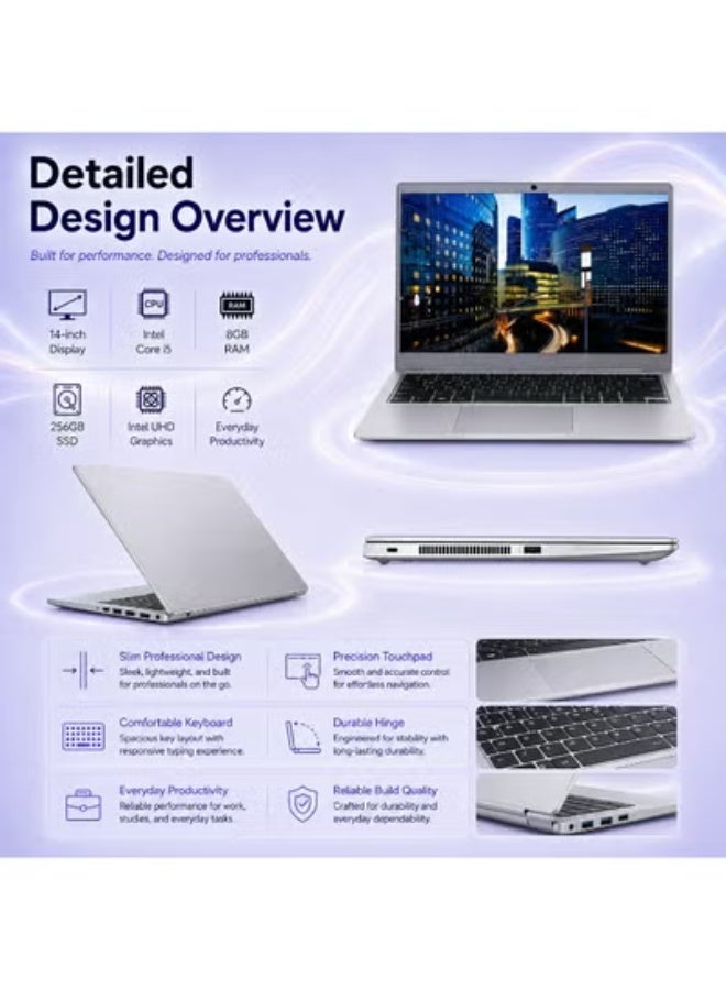 لابتوب أعمال بشاشة 14 بوصة عالية الدقة ومعالج كور i5 وذاكرة 8 جيجابايت وقرص SSD سعة 256 جيجابايت مع حقيبة وماوس وحامل هدية مجانية - Image 2