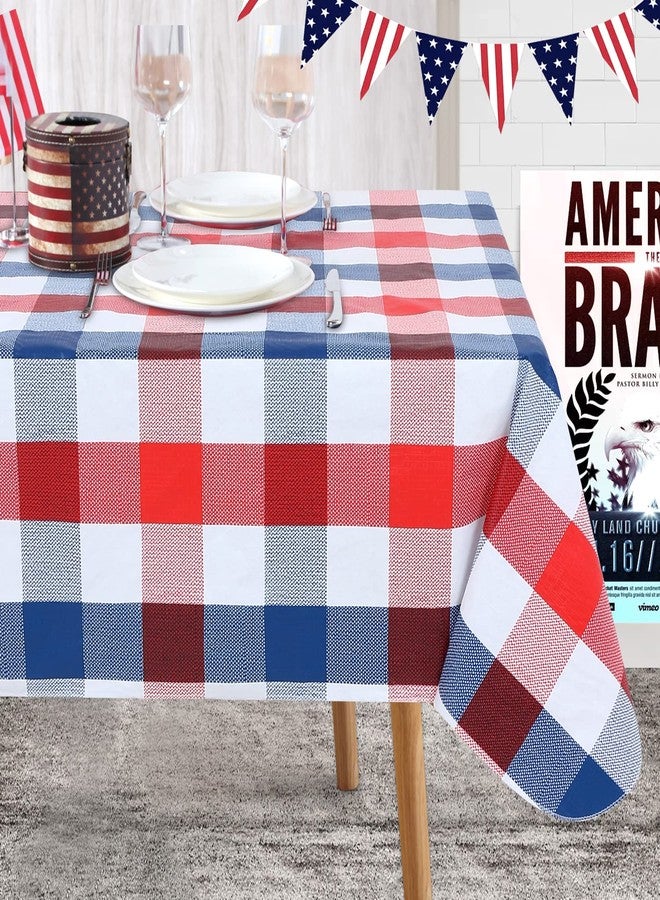 Fitable 4th of July Checkered Tablecloth 60x 84 Inch, Vinyl Independence Day Tablecloth with Flannel Backed Plaid Rectangle Memorial Day Table Cloth for Outdoor Picnic Dining, Blue Red and White - Image 1