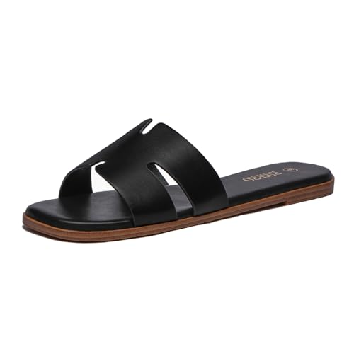 Rihero Black Flat Sandals for Women Dressy Summer Slip On Peep Toe Slide Black Sandals Size 9 - Image 1