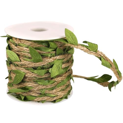 Auerllcy Natural Jute Twine Ribbon with Artificial Green Leaves – 33ft Rustic Leaf Vine Garland, Braided Burlap Twine for Crafts, Jungle Safari Party, Baby Shower, Wedding & Home Decor - Image 1