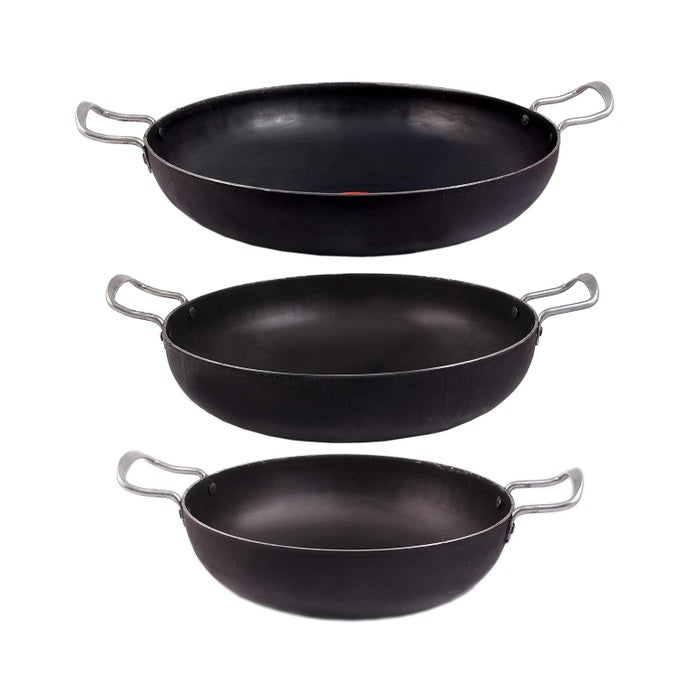 KITCHEN SHOPEE IRON 3 PES COOKWARE SET COMBO KADHAI DEEP FRYING PAN COOKING MULTIPURPOSE USE WITH HANDLE KADAI HEAVY BASE INDUCTION FRIENDLY 9 IN 10 IN 12 IN 9 LITER CAPACITY BLACK COLOR