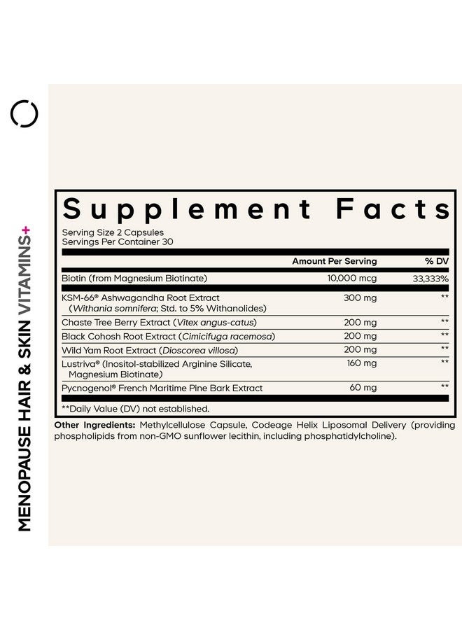 Codeage Menopause Hair & Skin Vitamins+ - Patented Lustriva, Pycnogenol, KSM-66 Ashwagandha - Hair Density Skin Perimenopause Support - Menopause Supplement - 10,000 Mcg Biotin, Wild Yam - 60 Capsules - Image 2
