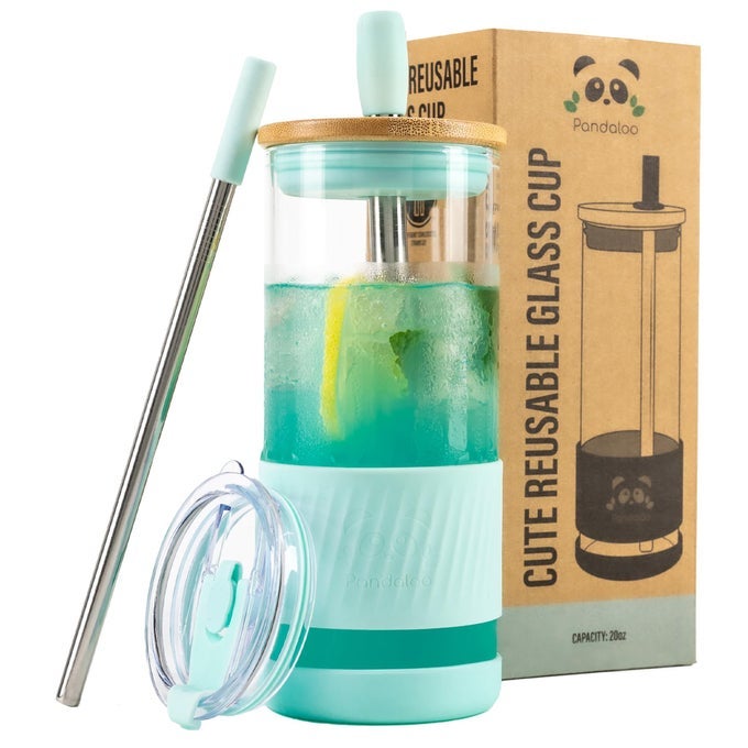 GLASS CUPS WITH LIDS AND STRAWS 20 FL OZ PERFECT SIZE ICED COFFEE CUP SMOOTHIE CUP WITH BAMBOO LID AND ON THE GO LID GLASS TUMBLER WITH STRAW 1 COUNT PACK OF 1 CARRIBEAN BLUE