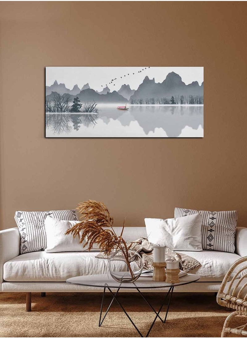 LOWHA Framed Canvas Wall Art Stretched Over Wooden Frame, Panorama Orientation Mountains and Boat Painting, For Home, Living Room, Office Décor  - Image 1