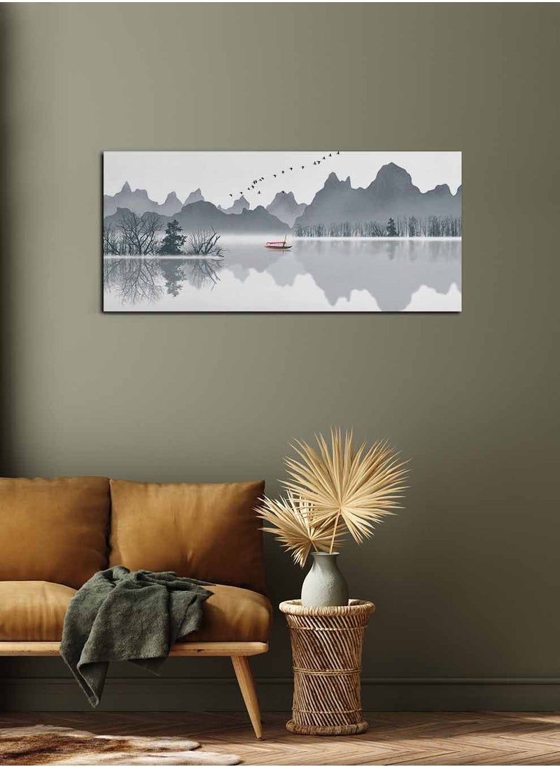 LOWHA Framed Canvas Wall Art Stretched Over Wooden Frame, Panorama Orientation Mountains and Boat Painting, For Home, Living Room, Office Décor  - Image 2