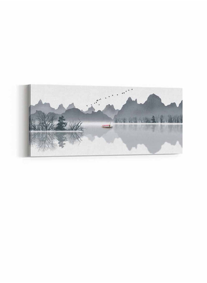 LOWHA Framed Canvas Wall Art Stretched Over Wooden Frame, Panorama Orientation Mountains and Boat Painting, For Home, Living Room, Office Décor  - Image 3