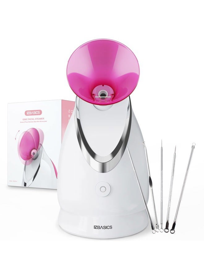 EZBASICS Facial Steamer Ionic Face Steamer for Home Facial, Warm Mist Humidifier Atomizer for Face Sauna Spa Sinuses Moisturizing, Unclogs Pores, 1 Pack + 5 Stainless Steel Skin Kit Pink - Image 1