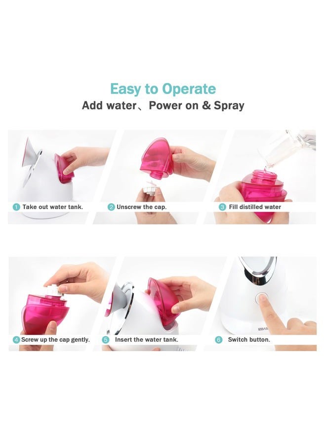 EZBASICS Facial Steamer Ionic Face Steamer for Home Facial, Warm Mist Humidifier Atomizer for Face Sauna Spa Sinuses Moisturizing, Unclogs Pores, 1 Pack + 5 Stainless Steel Skin Kit Pink - Image 5
