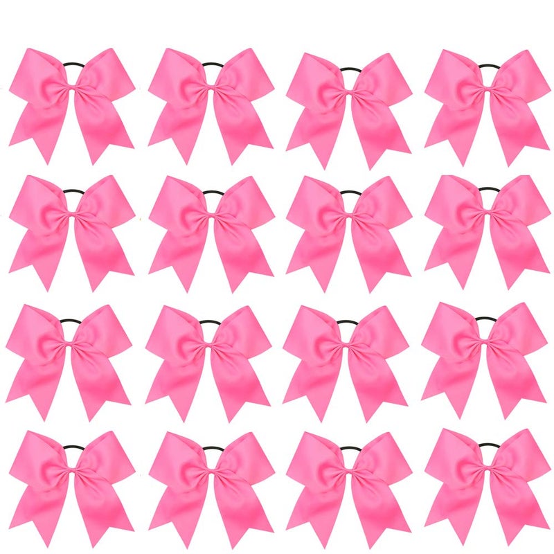 16PCS 8 Large Cheer Hair Bows Ponytail Holder Elastic Band Handmade for Cheerleading Teen Girls College Sports Hot Pink 1 Count Pack of 16