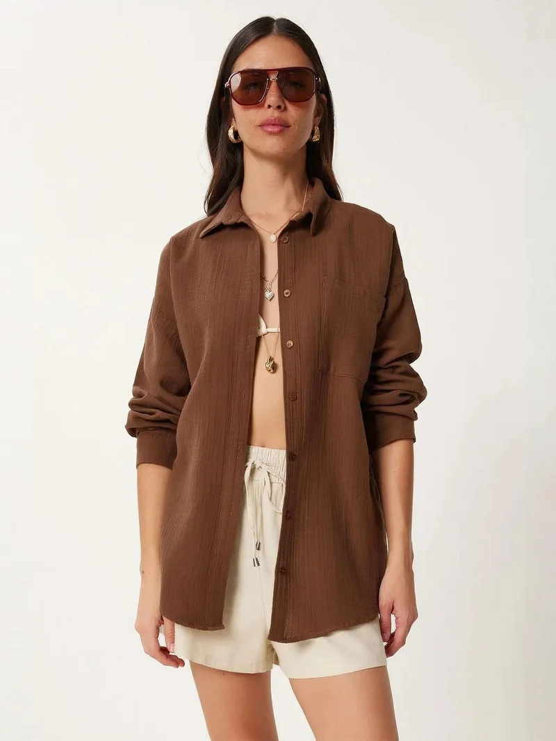 Happiness İstanbul ISTANBUL Oversized Textured Cotton Shirt with Pocket