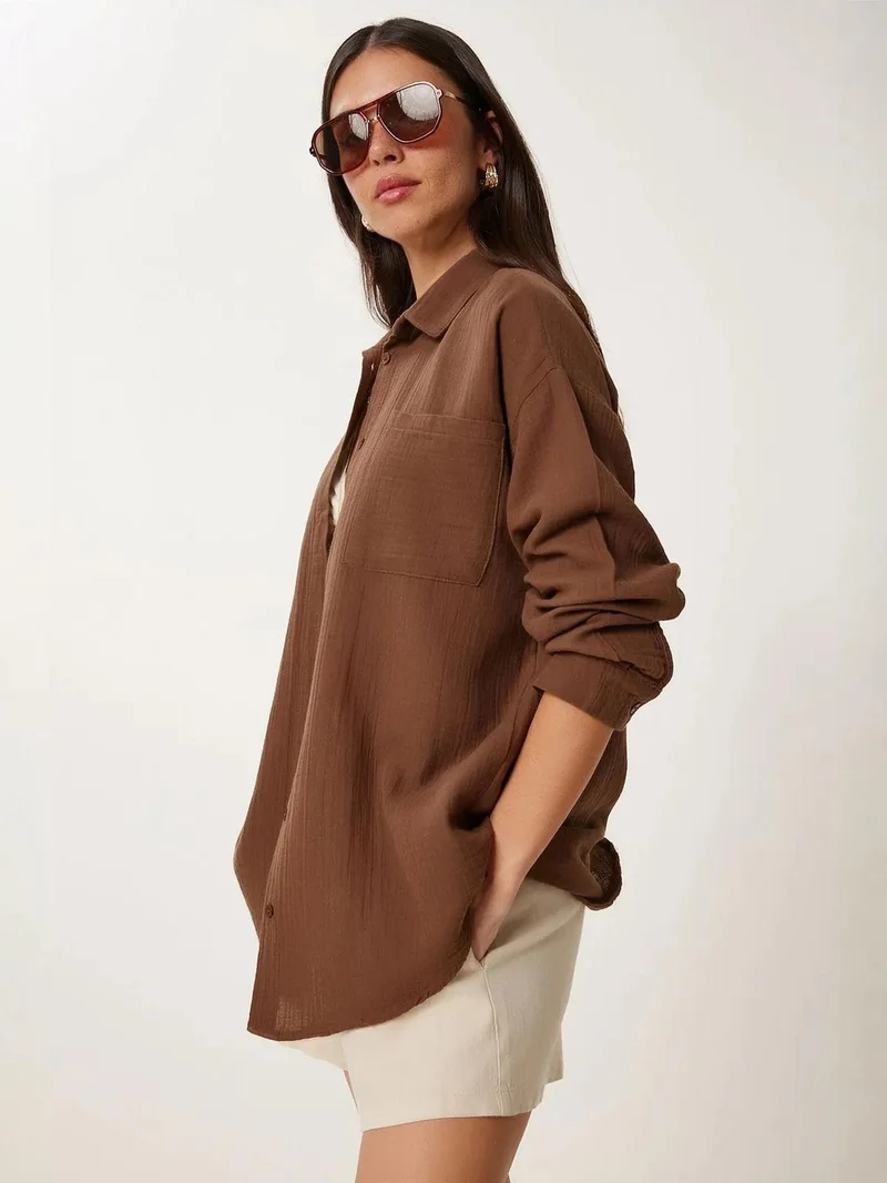 Happiness İstanbul ISTANBUL Oversized Textured Cotton Shirt with Pocket