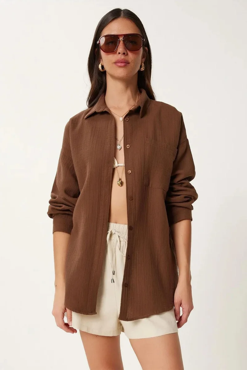 Happiness İstanbul ISTANBUL Oversized Textured Cotton Shirt with Pocket