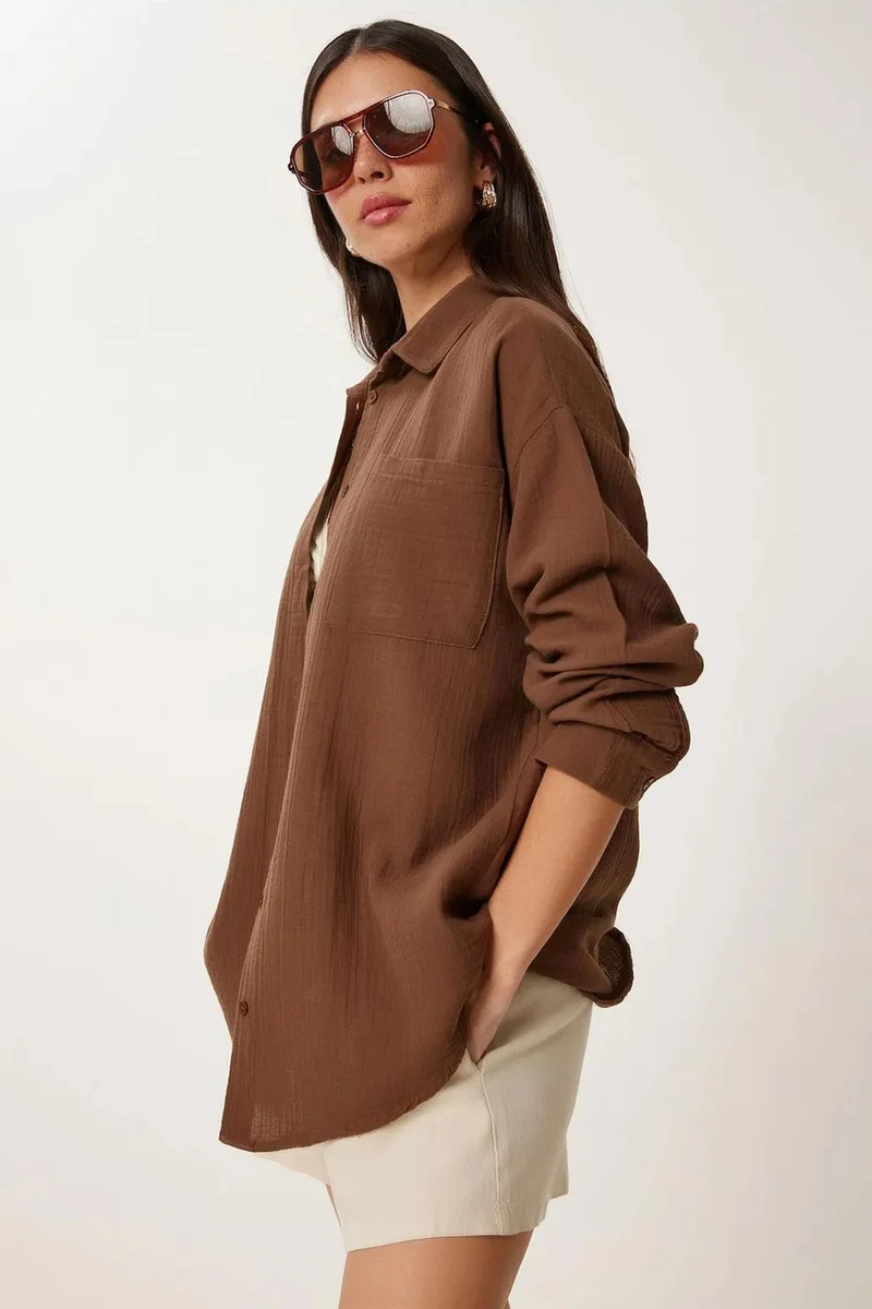 Happiness İstanbul ISTANBUL Oversized Textured Cotton Shirt with Pocket