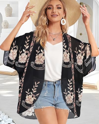CHICGAL Kimono Cardigans Floral Womens Tops Dressy Casual Spring Cover ups Chiffon Open Front Shirts (BlackLace,XL) - Image 4