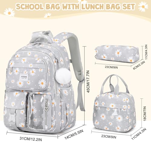 ACESAK Backpack for Girls - Girls Backpack with Lunch Bag & Pencil Pouch for Teen Kids Laptop Backpack for Women, Elementary Middle High School Bookbag Travel Daypack (Gray Daisy) - Image 2
