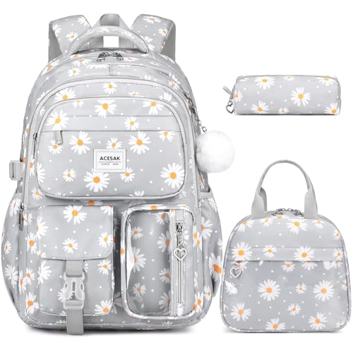 ACESAK Backpack for Girls - Girls Backpack with Lunch Bag & Pencil Pouch for Teen Kids Laptop Backpack for Women, Elementary Middle High School Bookbag Travel Daypack (Gray Daisy) - Image 1