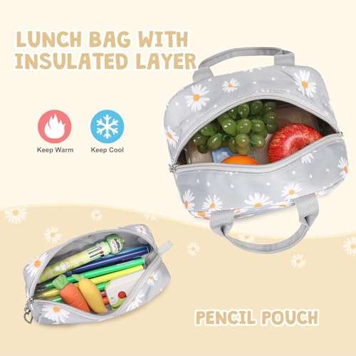 ACESAK Backpack for Girls - Girls Backpack with Lunch Bag & Pencil Pouch for Teen Kids Laptop Backpack for Women, Elementary Middle High School Bookbag Travel Daypack (Gray Daisy) - Image 5