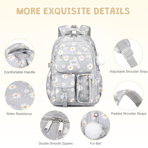 ACESAK Backpack for Girls - Girls Backpack with Lunch Bag & Pencil Pouch for Teen Kids Laptop Backpack for Women, Elementary Middle High School Bookbag Travel Daypack (Gray Daisy) - Image 4