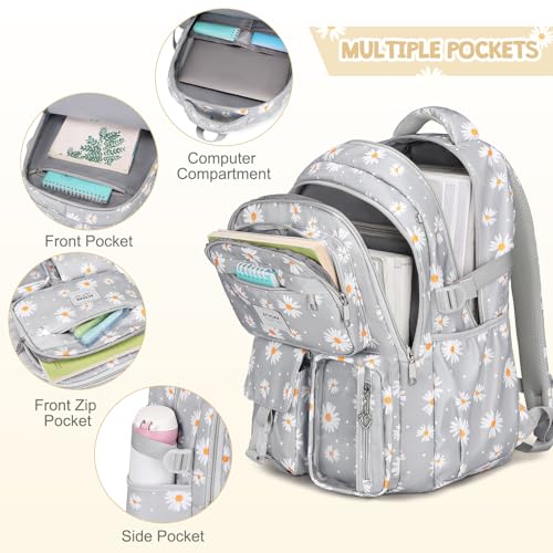 ACESAK Backpack for Girls - Girls Backpack with Lunch Bag & Pencil Pouch for Teen Kids Laptop Backpack for Women, Elementary Middle High School Bookbag Travel Daypack (Gray Daisy) - Image 3
