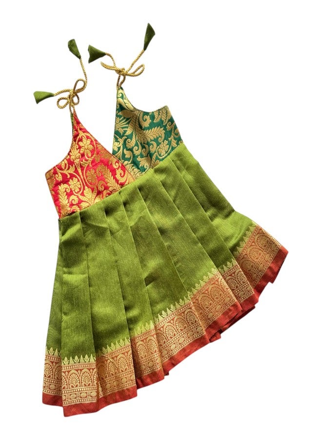 Picksparrow Baby Girl Silk - Cotton Silk Traditional Birthday Dress/Festive Indianwear (Wrap) (in, Age, 0 Months, 3 Months, Red-Henna Green) - Image 1