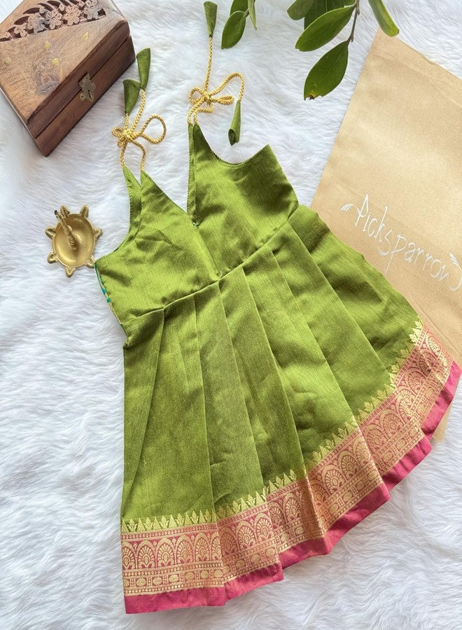 Picksparrow Baby Girl Silk - Cotton Silk Traditional Birthday Dress/Festive Indianwear (Wrap) (in, Age, 0 Months, 3 Months, Red-Henna Green) - Image 3