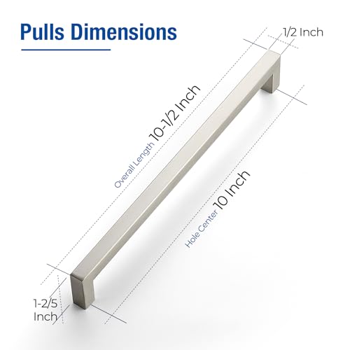 JOY DECOR 8 Pack Cabinet Handles10 Inch Brushed Nickel Cabinet PullsKitchen Cabinet Handles Square Drawer Pulls Stainless Steel Drawer Hardware Handles 256mm Hole Centers - Image 3