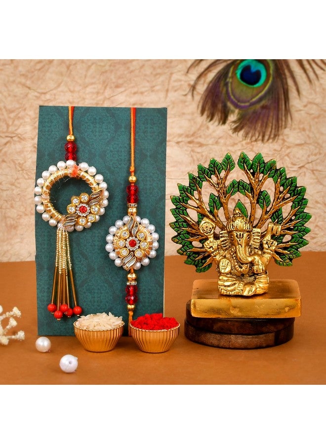 CraftVatika CraftVatika Metal Rakhi Gift Combo Brother Bhaiya and Bhabhi | Bhaiya Bhabhi Couple Rakhi Set of 2 | Rakhi with Ganesha Idol Gift Brother | Premium Kundan Lumba Rakhi Bhabhi, Fantasy, Gold,Green  - Image 1