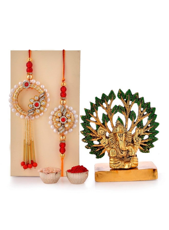 CraftVatika CraftVatika Metal Rakhi Gift Combo Brother Bhaiya and Bhabhi | Bhaiya Bhabhi Couple Rakhi Set of 2 | Rakhi with Ganesha Idol Gift Brother | Premium Kundan Lumba Rakhi Bhabhi, Fantasy, Gold,Green  - Image 2