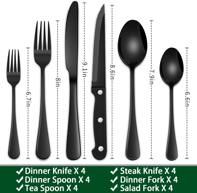 Dehov 24-Piece Black Silverware Set with Steak Knives, Black Flatware Set for 4, Food-Grade Stainless Steel Tableware Cutlery Set, Mirror Finished Knife Spoon And Fork Sets for Home Restaurant - Image 2