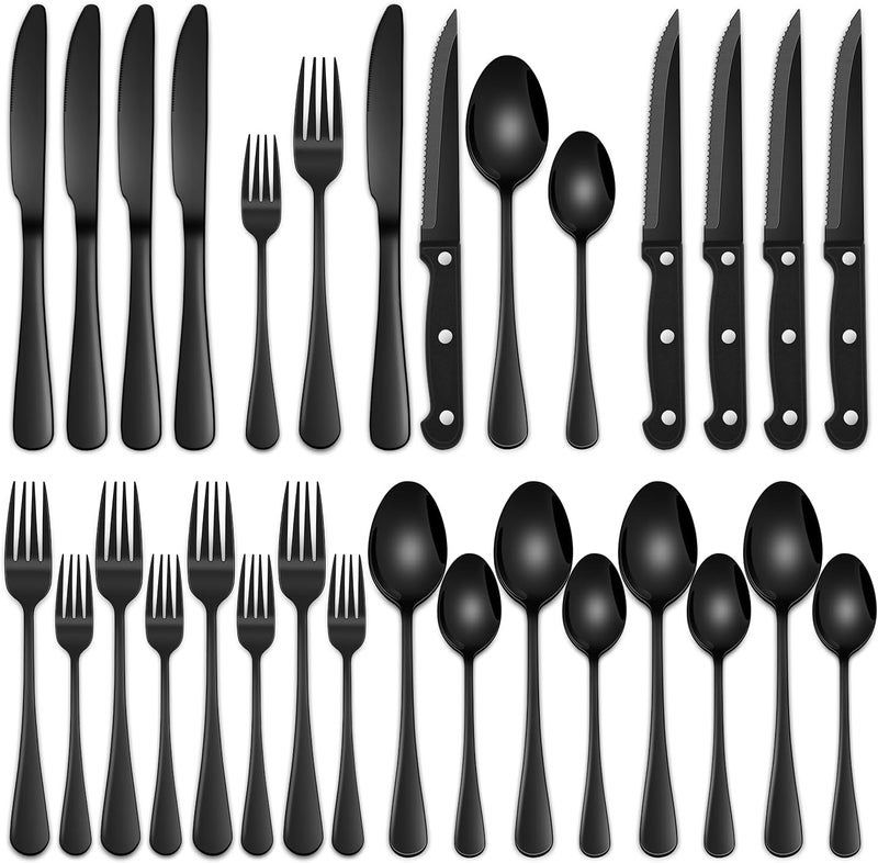 Dehov 24-Piece Black Silverware Set with Steak Knives, Black Flatware Set for 4, Food-Grade Stainless Steel Tableware Cutlery Set, Mirror Finished Knife Spoon And Fork Sets for Home Restaurant - Image 1