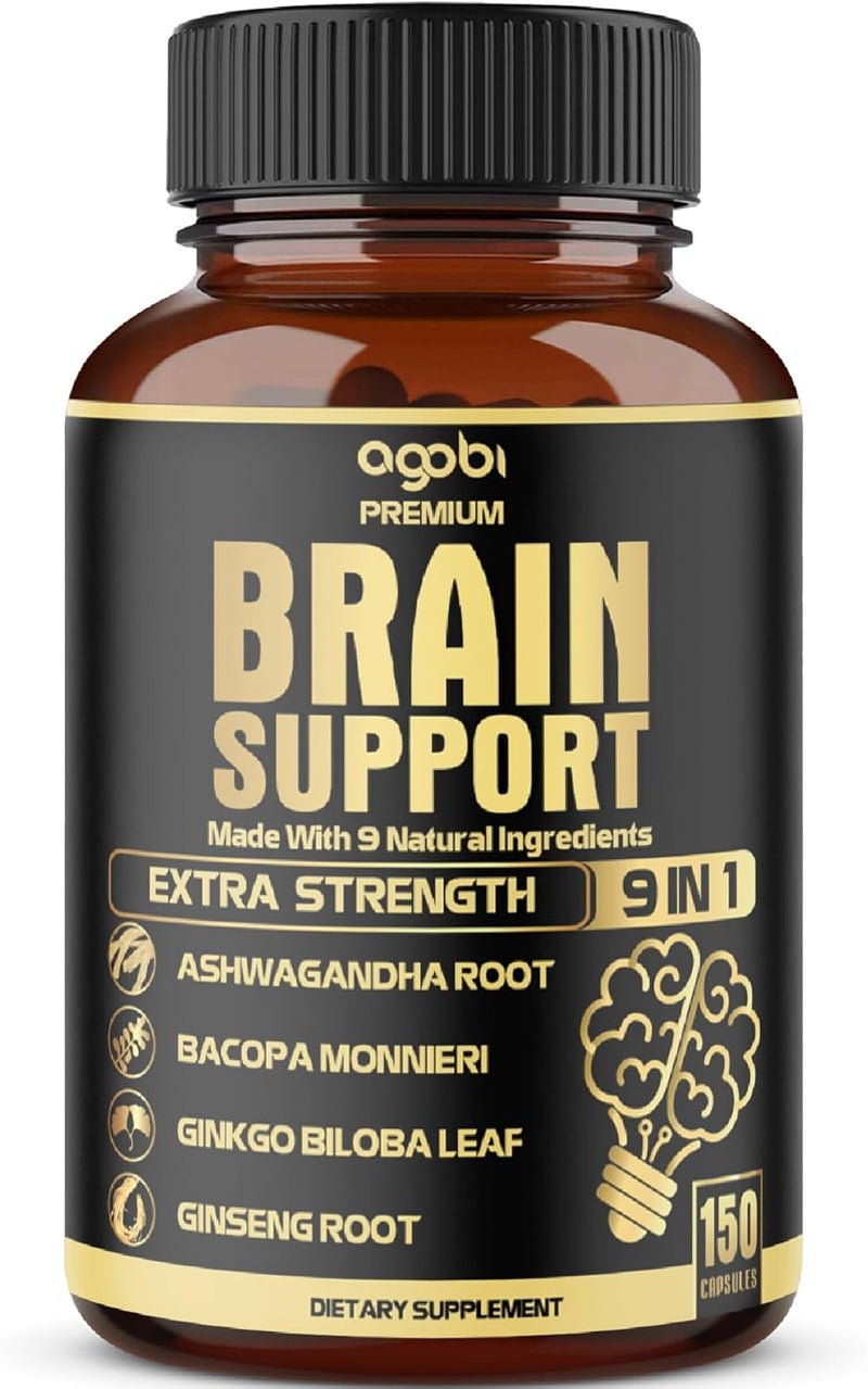 agobi أغوبي 9 في 1 مكمل دعم الدماغ مدمج مع أشواغاندا بانكس جينسنغ غوتو كولا جنكو بيلوبا فلفل أسود المزيد من الدقة التركيز الذاكرة معزز الطاقة 150 كبسولة لمدة 5 أشهر - Image 1