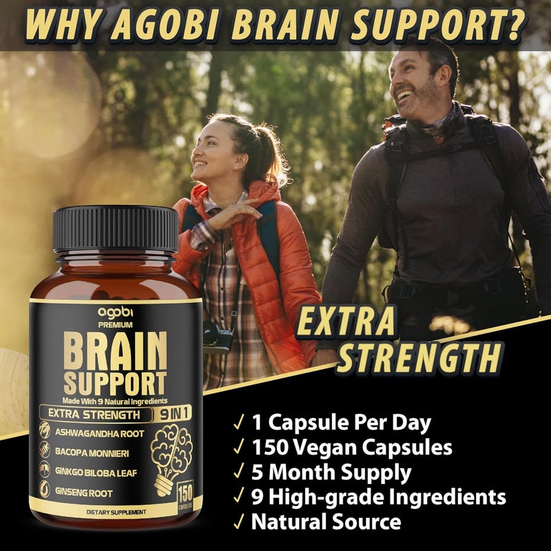 agobi أغوبي 9 في 1 مكمل دعم الدماغ مدمج مع أشواغاندا بانكس جينسنغ غوتو كولا جنكو بيلوبا فلفل أسود المزيد من الدقة التركيز الذاكرة معزز الطاقة 150 كبسولة لمدة 5 أشهر - Image 5