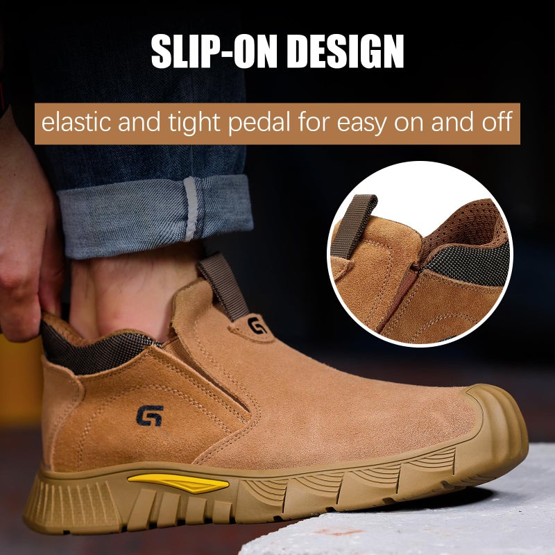 GLANOUDUN Welding Work Boots for Men - Brown Mid-Cut Slip on Steel Toe Shoes - Indestructible Steel Toe Boot for Welder Protective - ASTM Certified Safety Footwear for Construction & Industrial Use - Image 5