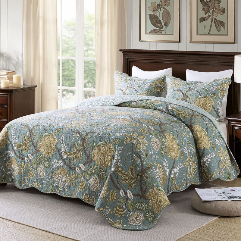 Travan 3-Piece Quilt Set Quilted Bedspread Cotton Coverlet Set Floral Printed Oversized Quilted Bedding Set with Shams for All Season, Green Vine, King Size - Image 2