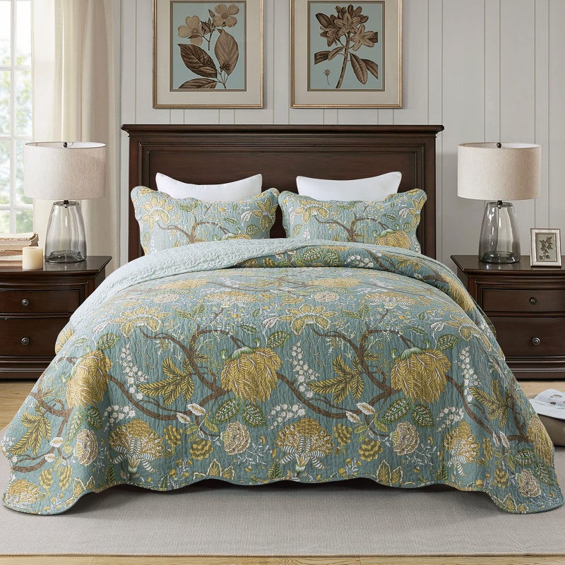 Travan 3-Piece Quilt Set Quilted Bedspread Cotton Coverlet Set Floral Printed Oversized Quilted Bedding Set with Shams for All Season, Green Vine, King Size - Image 1