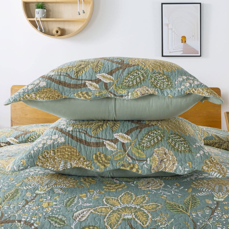 Travan 3-Piece Quilt Set Quilted Bedspread Cotton Coverlet Set Floral Printed Oversized Quilted Bedding Set with Shams for All Season, Green Vine, King Size - Image 4