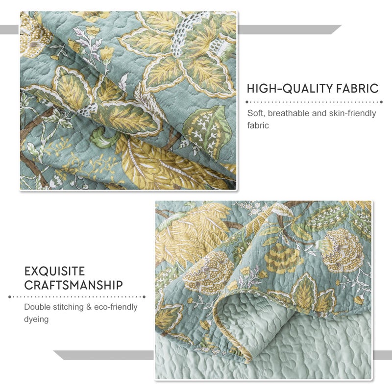 Travan 3-Piece Quilt Set Quilted Bedspread Cotton Coverlet Set Floral Printed Oversized Quilted Bedding Set with Shams for All Season, Green Vine, King Size - Image 5