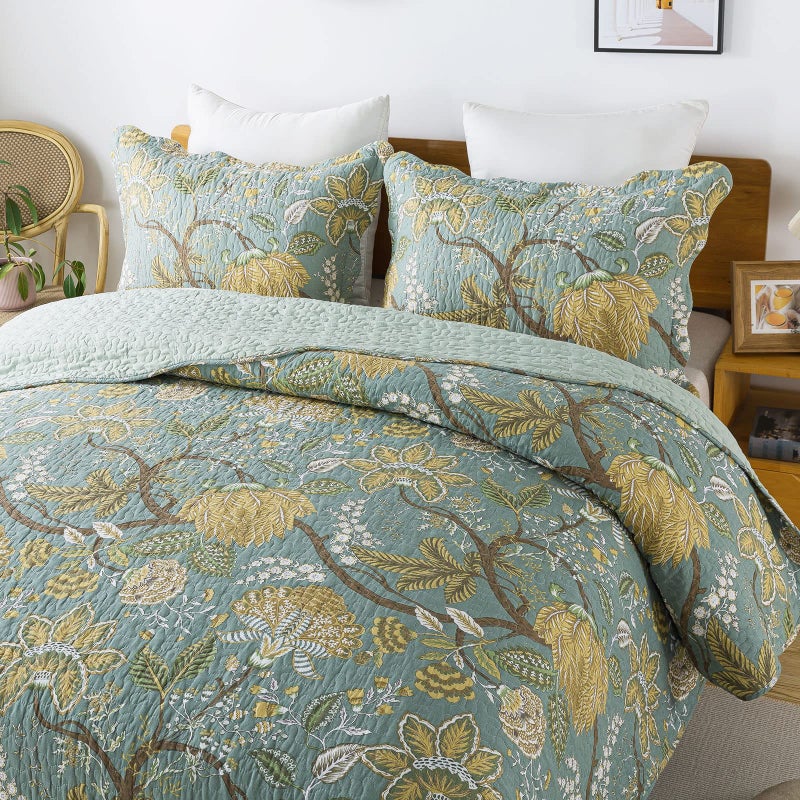 Travan 3-Piece Quilt Set Quilted Bedspread Cotton Coverlet Set Floral Printed Oversized Quilted Bedding Set with Shams for All Season, Green Vine, King Size - Image 3