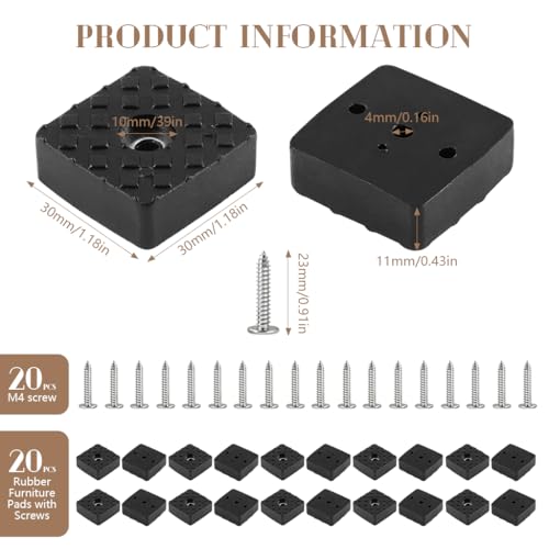 Serplex® 20Pcs 1.18Inch/30mm Rubber Furniture Pads with Screws, Black Square Non Slip Furniture Feet Heavy Duty Couch Feet Covers for Chair, Table, Desk, Sofa-Black - Image 2