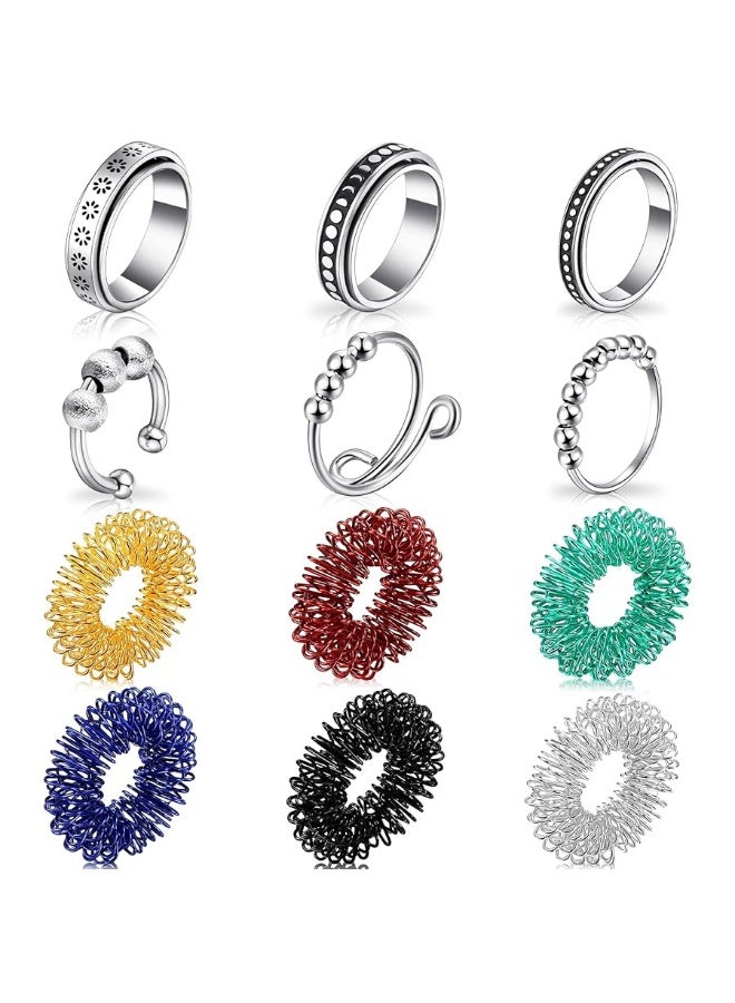 Mtlee 12 Pieces Fidget Anxiety Rings Including 6 Pieces Spiky Sensory Finger Rings, Spinner Rings, Anxiety Rings, Zircon Ring with Beads for Women Men - Image 1