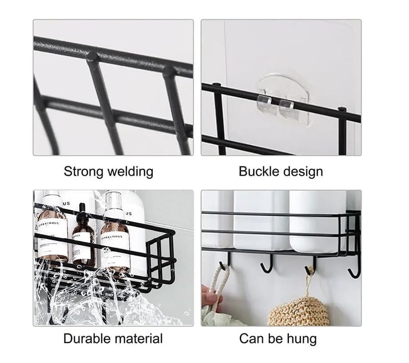 M2 ENTERPRISE Stainless Steel Bathroom Shelf for Wall, Self Adhesive Bathroom Organiser, 4 Hooks for Towel Holder, Space-Saving Wall Mounted Bathroom Shelf with Elegant Design (Pack of 1, Black) - Image 5