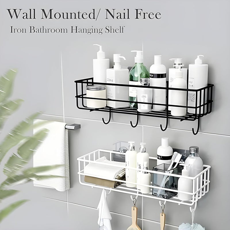 M2 ENTERPRISE Stainless Steel Bathroom Shelf for Wall, Self Adhesive Bathroom Organiser, 4 Hooks for Towel Holder, Space-Saving Wall Mounted Bathroom Shelf with Elegant Design (Pack of 1, Black) - Image 2