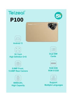 تلزيل تابلت Telzeal P100 مقاس 10.1 بوصة يعمل بنظام Android 13 مع شبكة 5G WiFi وشريحتي اتصال وذاكرة وصول عشوائي 8 جيجابايت وذاكرة قراءة فقط 512 جيجابايت وبطارية عالية السعة 8000 مللي أمبير في الساعة ولوحة مفاتيح لاسلكية وماوس ذهبي  - Image 3