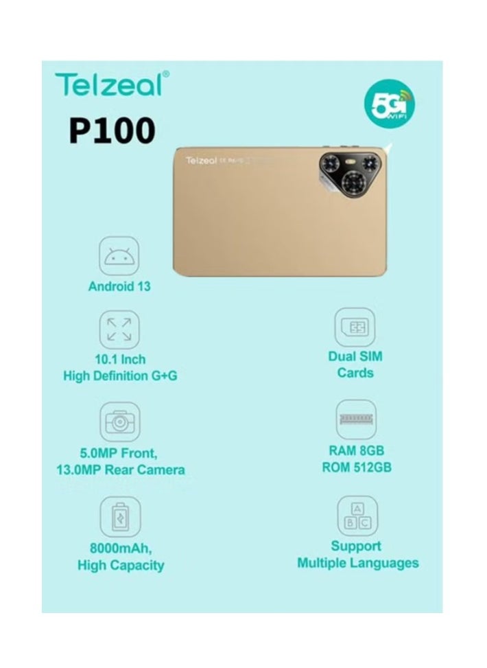 Telzeal Telzeal P100 10.1 Inch Android 13 Tablet with 5G WiFi and Dual SIM 8GB RAM 512GB ROM 8000 mAh High Capacity Battery Wireless Keyboard and Mouse Gold  - Image 3