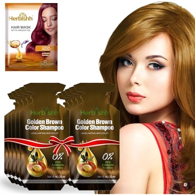 Herbishh HAIR COLOR SHAMPOO 10 SACHET +1 ARGAN HAIR MASK POUCH | 3 IN 1 HAIR DYE | EASY TO USE | GRAY COVERAGE | TRAVEL SIZE | AVAILABLE IN 6 COLORS | LONG LASTING HAIR COLOR (GOLDEN BROWN) - Image 1
