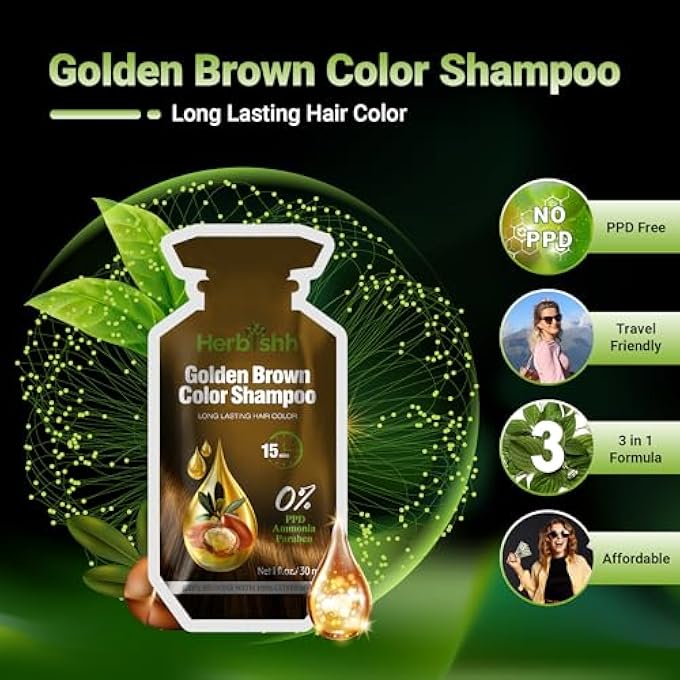 Herbishh HAIR COLOR SHAMPOO 10 SACHET +1 ARGAN HAIR MASK POUCH | 3 IN 1 HAIR DYE | EASY TO USE | GRAY COVERAGE | TRAVEL SIZE | AVAILABLE IN 6 COLORS | LONG LASTING HAIR COLOR (GOLDEN BROWN) - Image 2
