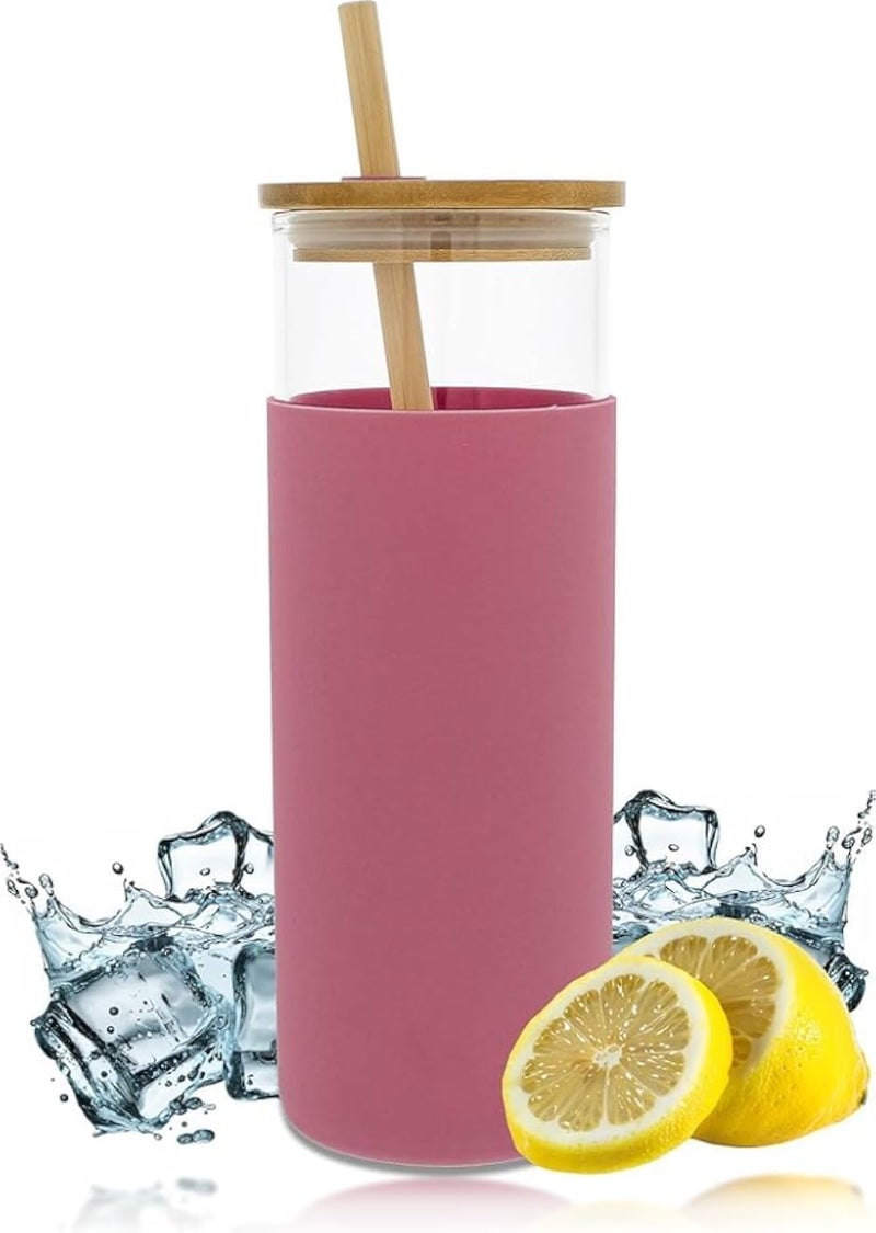 Clear Glass Water Bottle - 20oz Capacity Drink Glass Bottle with Magenta Silicone Sleeve - Lid and Straw